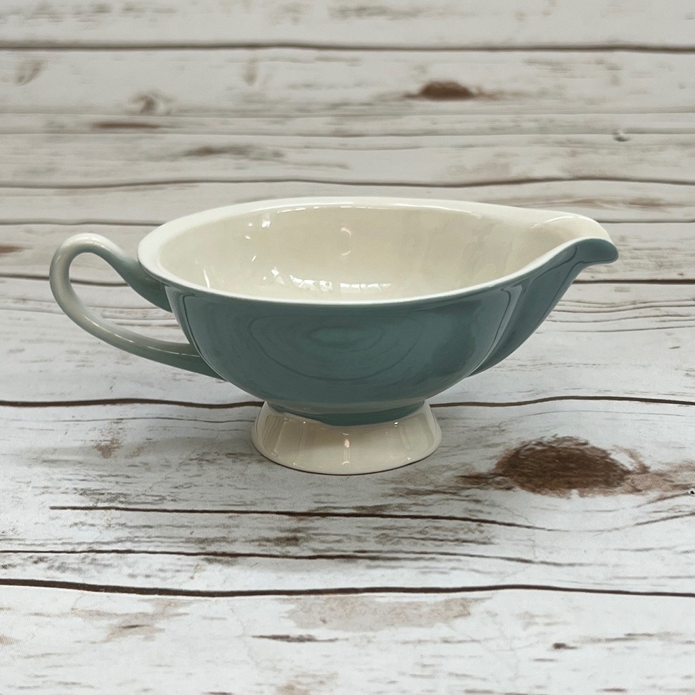 Mid Century Modern Gravy Boat Teal Cream Footed Sauce Server OS